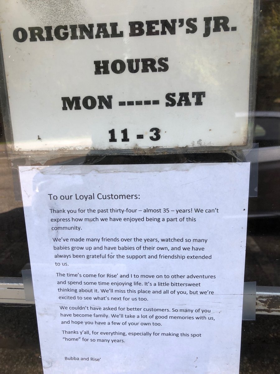 PhilSavage's tweet photo. Sad day in Fairhope to see Original Benβs Jr BBQ permanently closed. A staple for almost 35 years, their food was always the same every time! #memories #garbageburger #bbqchickensandwich #shrimpsandwich #halfringshalffries #sweettea https://t.co/2lZUlGFV4L
