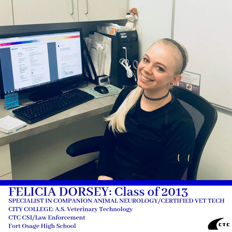 FOCTC's tweet photo. Felicia is a 2013 @csi_ctc grad who applied the job skills she learned at CTC to a career in veterinary medicine. Love seeing students use what they learned in a variety of fields! "I wouldn't be the person I am today if it wasn't for the instructors at the CTC." #CTCAlumni https://t.co/CFE6K2oyiG