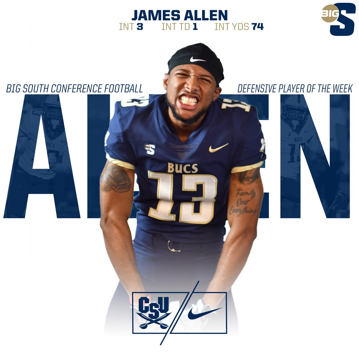 csusports's tweet photo. Pretty sure there's no other way to describe it - @JO7_era with a career-game with 3️⃣ (👀) interceptions including a #BigSouthFB record third pick-six this season to earn Defensive #POTW honors #JoinTheSiege https://t.co/ReEeUtm5Ks