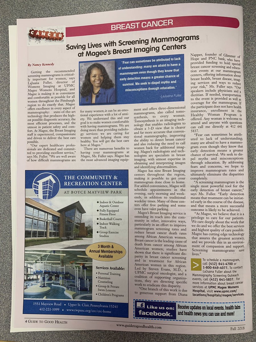 Congratulations to our host committee member, LaJuana Fuller for this amazing write-up on Saving Lives with Screening Mammograms at Magee's Breast Imaging Centers in Western Pennsylvania Guide to Good Health.