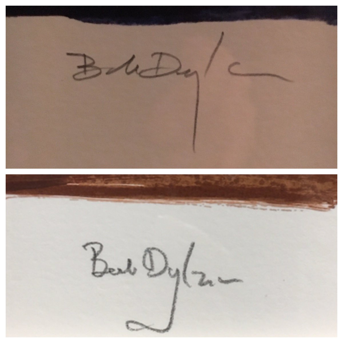 strollerbird1's tweet photo. Any budding graphologists out there who can say whether these signatures are by the same person #graphology #bobdylan @bob Dylan #Genuine or #fake  #dylan #autograph https://t.co/QKuA2GEB8t