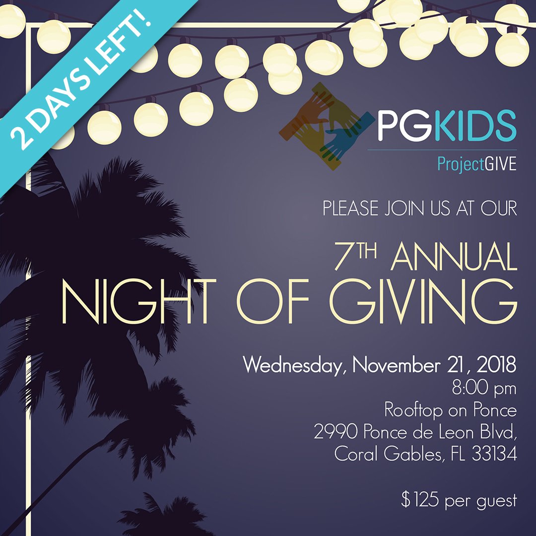 Two days remain to reserve your tickets to our 7th annual #fundraiser #NightofGiving! Enjoy live music and an open bar while making a #donation! Get your tickets now: bit.ly/2y3ghLu  #PGKids #nonprofit #coralgables #miami #southflorida #silentauction #donate #change