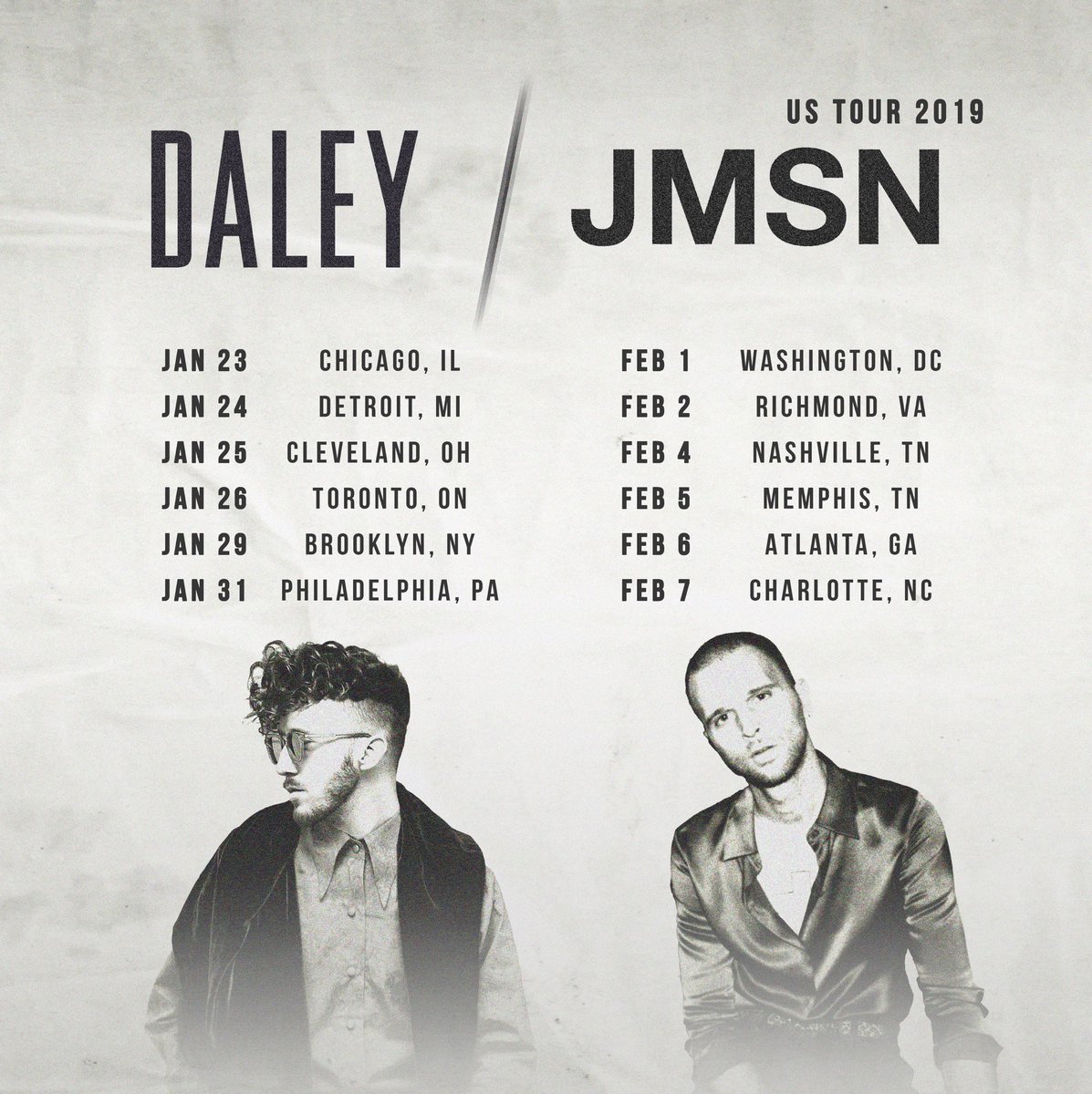 It’s happening...!

Excited to hit the road with <a href="/iamJMSN/">JMSN</a> Jan/Feb 2019!

Going to be a VIBE. Join us.

Tickets > daley.tv/shows

#DALEYxJMSN