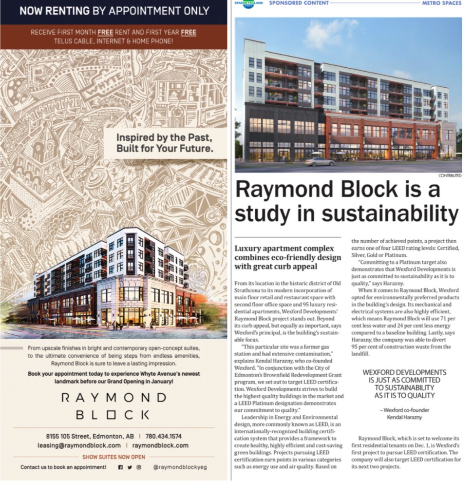 EcoAmmo's tweet photo. Last week, @thestaredmonton covered one of our most exciting projects - @raymondblockyeg! It showcased Wexford Developments' commitment to sustainability and building green. Check out the excerpt below #LEEDers #greenbuilding #yeg https://t.co/QWypT3aJkG