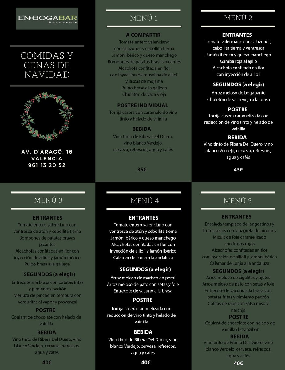 🌲Nuestros menús para comidas y cenas de #Navidad🌲
▪️5 riquísimos menús a elegir con diferentes posibilidades 
🍸Con todos nuestros menús las copas a 5€ 
📞Reserva: 961 13 20 52 o en nuestras redes sociales
📍Av. de Aragón, 16
#enbogabar #valencia #arroces #brasserie #navidad
