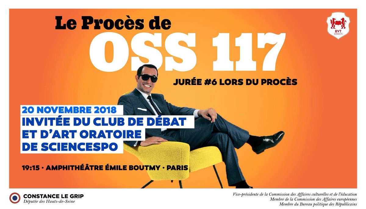 ConstanceLeGrip's tweet photo. 🏛 J'aurai le plaisir de siéger comme jurée lors du procès fictif d'OSS117 demain à 19h15 à @sciencespo 

▶️ Ce procès est organisé par @RVTSciencesPo

⚖️ Cette association étudiante s'attaque, après les procès de Mao et Voldemort, à celui du plus «fameux agent secret français!» https://t.co/Rn44trzRcn