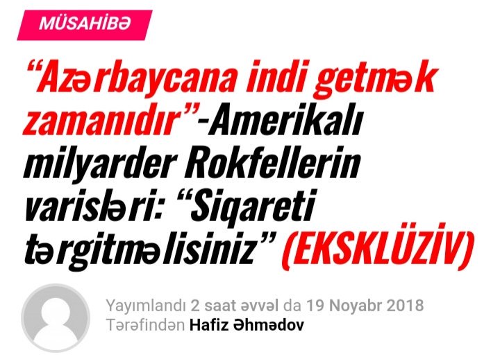 HafizTimes's tweet photo. “Azərbaycana indi getmək zamanıdır”-Amerikalı milyarder Rokfellerin varisləri: “Siqareti tərgitməlisiniz” #EXCLUSİVE #USA #Rockefeller #MatthewBucklin #ArianaRockefeller #Hafiztimes.com #HafizAkhmedov #Azerbaijan #Bucklin #Hafizakhmedov #QuitCompany
https://t.co/L3plWDAOgf https://t.co/TyBQoWpbpD