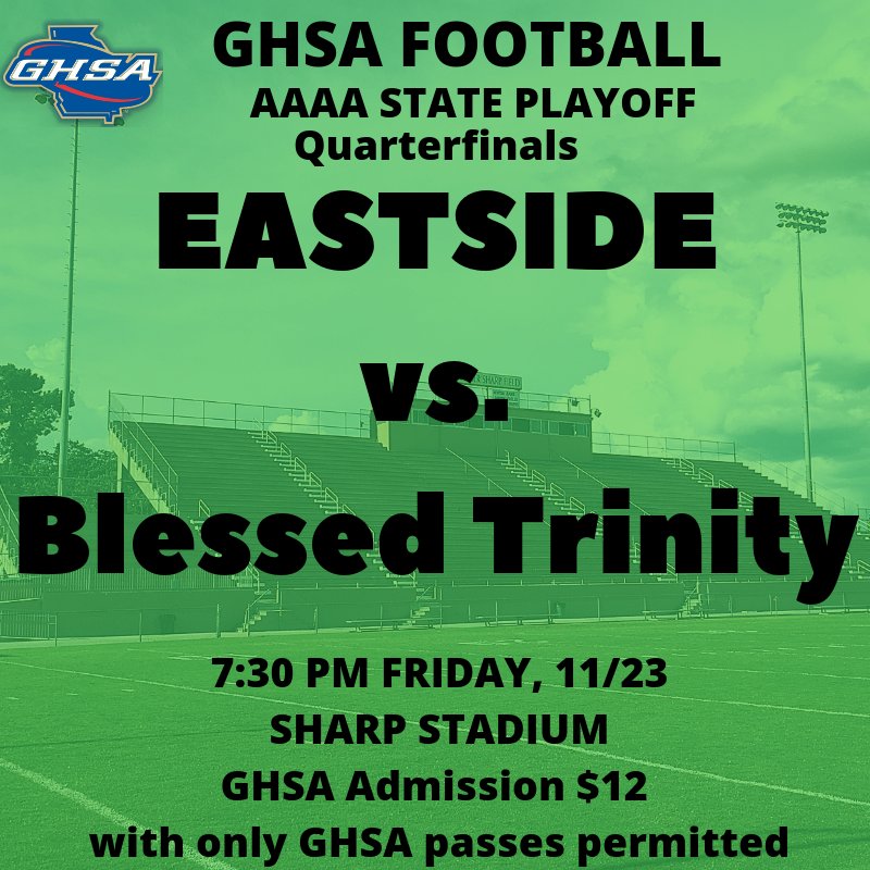 BACK AT SHARP FOR THE AAAA QUARTERFINALS!  <a href="/EastsideFB/">Eastside Eagles Football</a> with Head Coach <a href="/Coach_THoff/">Troy Hoff</a> will battle the #1 ranked &amp; defending state champion Blessed Trinity Titans!  Make plans to cheer for your EAGLES!!!!  #EaglePride #WeBleedGREEN