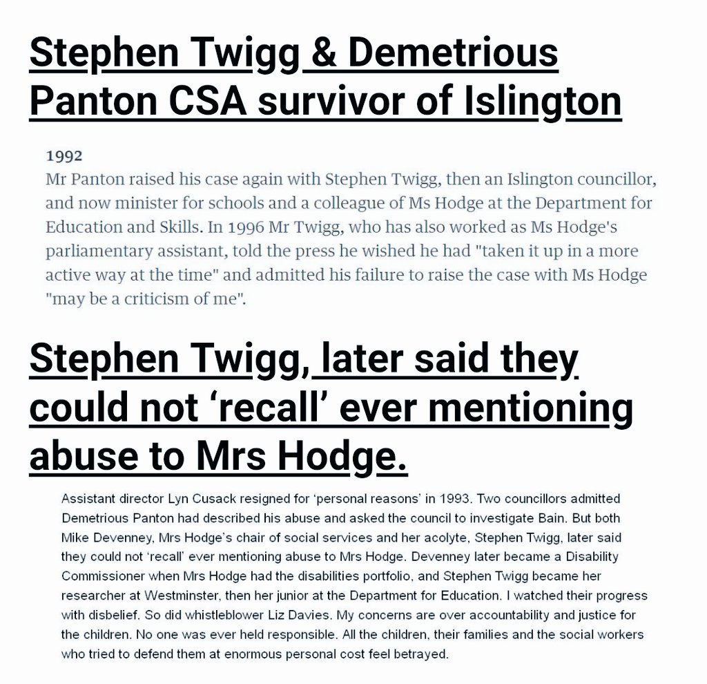 @stehentwigg was advisor and PPS to Margaret Hodge in Islington. What was he told about the Panton case and when, and what indeed was his knowledge of the dire state of child protection in the borough?  https://islingtonsurvivors.co.uk/stephen-twigg  https://www.questia.com/article/1G1-130581368/second-top-blairite-dragged-into-row-over-child-abuse