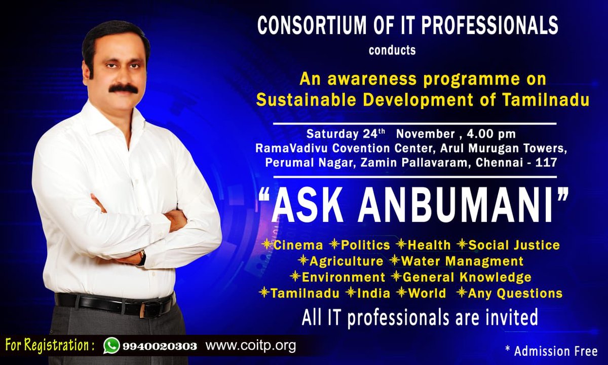 AGR_Selvam's tweet photo. All IT professionals who wants to bring a change in our society and make it a better place. Please block your calendar this Saturday (4-7pm) and ask your questions directly to #Anbumani @draramadoss . RT & Spread a word 😊
#AskAnbumani #ChangeAndProgress !!! https://t.co/wIBQNqHJ4l