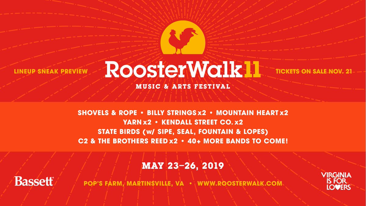 SNEAK PREVIEW of the Rooster Walk 11 lineup! 
<a href="/shovelsandrope/">Shovels & Rope</a> @bstrings1 <a href="/MountainHeart/">MountainHeart</a> <a href="/brooklynyarn/">YARN</a> <a href="/KendallStreetCo/">Kendall Street Company</a> #StateBirds <a href="/sipedrums/">jeff sipe</a> <a href="/C2andBrosReed/">C2 & The Brothers Reed</a> ＋ 40 more bands to come! Lineup announce coming mid-January. 

TICKETS GO ON SALE ON WED, 11/21 AT 12PM EST!