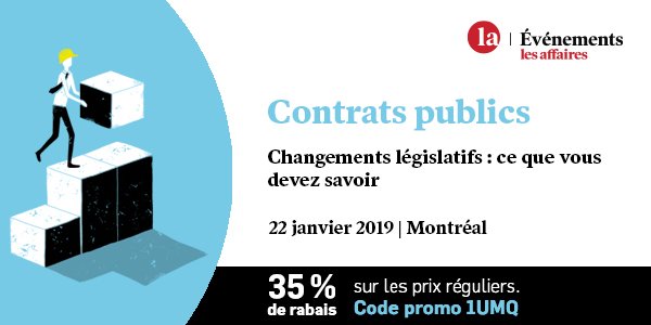 UMQuebec's tweet photo. En rappel - 4e Conférence @la_lesaffaires sur les contrats publics le 22 janvier prochain: les membres de l'#UMQ bénéficient d'un rabais de 35 % sur les prix réguliers. Inscrivez-vous dès maintenant!
👉 https://t.co/olA0piLoL6
#polqc #polmun #PL122 https://t.co/KtJhclj268