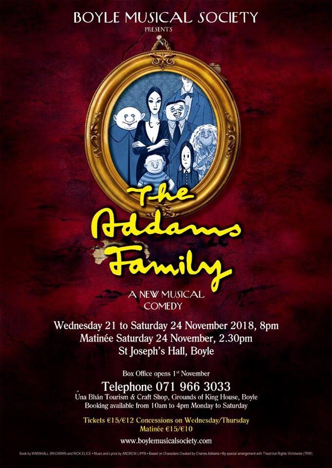 aims_pro's tweet image. Best of Luck to Boyle Musical Society with The Addams Family which runs from Wednesday 21st to Saturday 24th of November. You’ll be pulled into this show where they’ll leave you moving toward the light with a fantastic night out! #adamsfamilyfun #onenormalnight xx😉