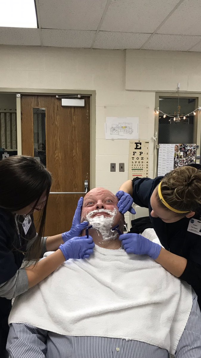 Klumpper's tweet photo. Who’s says education can’t be fun, these MOISD Allied Health students needed practice shaving and talked me into being a volunteer - they did great !!!#MOISD https://t.co/zSAkiua5JD
