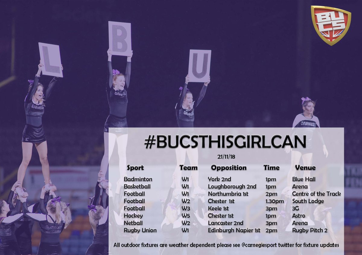 Beckettsport's tweet photo. It's #BUCSThisGirlCan week, so instead of one Match of the Week we're profiling all of the women's games at home on #BUCSWednesday.
It's cup week for most of our teams so why not take some time out and come and support our fantastic ladies teams?
#BeckettBUCS π»π https://t.co/XRRr17auie