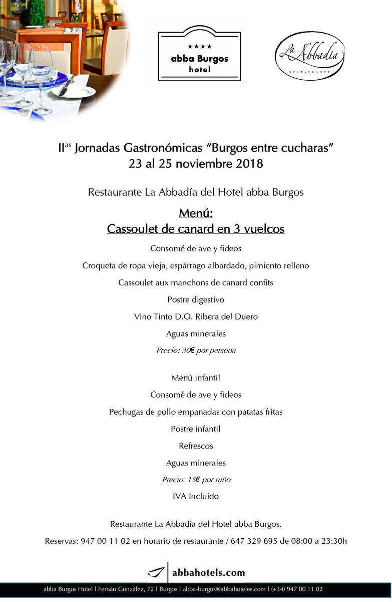 Este será el menú cassoulet de pato en tres vuelcos que ofrecerá <a href="/abbaburgoshotel/">Abba Burgos Hotel</a> durante el #tourgastronómico de este fin de semana