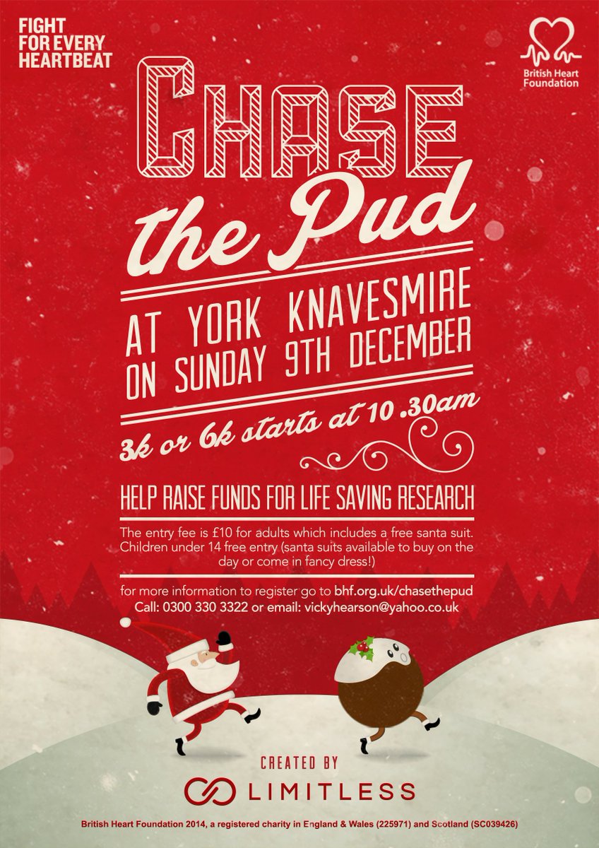 JaneMHeart's tweet photo. Join in the @TheBHF annual Chase the Pud Santa Jog on Sunday 9th December at York Knavesmire. 3k or 6k walk, jog or run...kids go free and free Santa suit for everyone who pre-registers https://t.co/E8B4XPCG3j #running #jogging #York #YorkChristmas https://t.co/gn6bCJNaFL