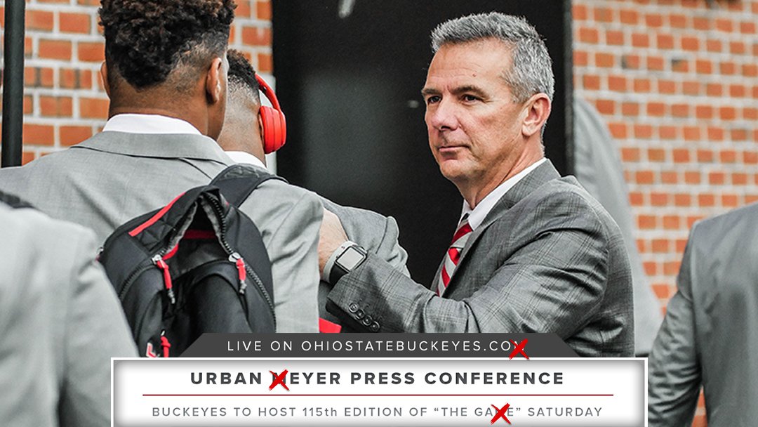 OhioStAthletics's tweet photo. 🏈 At appox. 11:45 @OSUCoachMeyer takes to podiu❌ to preview the 115th edition of The Ga❌e

🎥 Strea❌ the Week 12 press conference right here and on https://t.co/He7w8aQLnY

#GoBucks https://t.co/SH1pKPDV6E