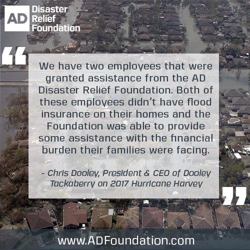 The AD Disaster Relief Foundation has received 16 grant applications from AD member employees who suffered devastating losses as a result of the California Wildfires &amp; Hurricane Michael. You can help the AD Community recover. Learn how at adfoundation.com . #TogetherWeHelp