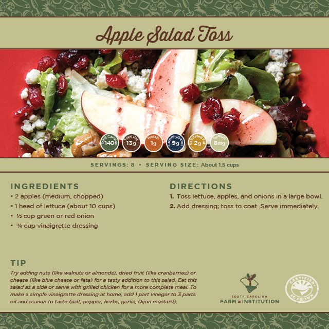 SCFarm2Inst's tweet photo. It’s #MeatlessMonday! Looking for an easy recipe for dinner? Try our Apple Salad Toss. #PalmettoPick #KeepItLocalKeepItHealthy
 #SCGrown #SCFarm2Inst #EatLocal
 @CertifiedSouthCarolina https://t.co/HfH0tvDmxZ