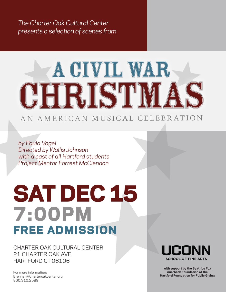 CharterOakArts's tweet photo. Saturday, December 15th at Charter Oak Cultural Center, Hartford-area high school students present a selection of scenes from A Civil War Christmas! The production is directed by Wallis Johnson and overseen by Tony Award-Winning Broadway actor Forrest McClendon. Free admission! https://t.co/VRqfuO3Y3O