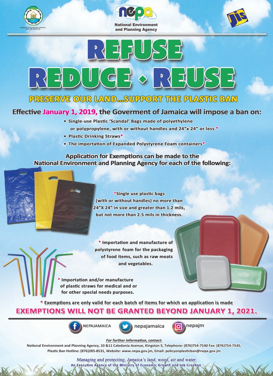 's tweet image. Refuse, Reduce and Reuse!
Preserve Our Land...Support the Plastic Ban.
#PlasticBanJa #PassonPlastics #BreakUpwithPlastics #PreserveEnvironment