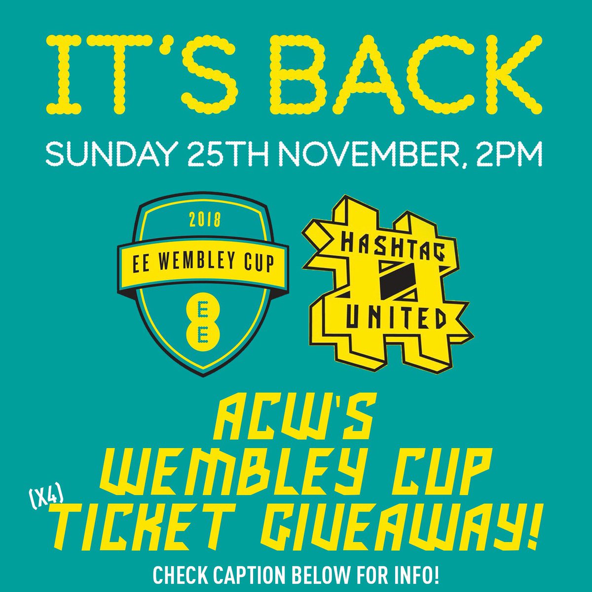 ‼️⚽️WEMBLEY CUP TICKET GIVEAWAY⚽️‼️

The Wembley Cup is almost here! To celebrate I’m giving away 4️⃣ tickets to 1️⃣ lucky winner - you’ve got 2️⃣4️⃣ hours 🕰.....all you have to do is -

🔄 Re-tweet
➡️ Make sure you’re following me!

Good luck, winner announced tomorrow!