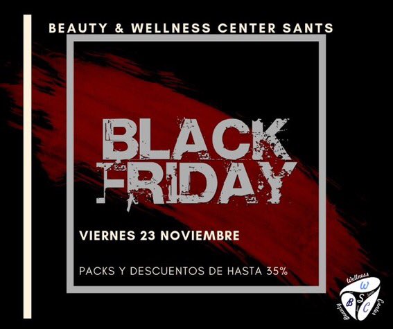 BWCSants's tweet image. PREPÁRATE PARA LA SEMANA BLACK FRIDAY DE BWCSANTS!!! 
Disfruta de los Black Days de BWC Sants, des del lunes 19 al sábado 24, encontrarás descuentos de hasta un 35% en una variedad de tratamientos de bienestar, belleza, estética y salud, ¿A qué esperas? Llámanos y reserva tu hora