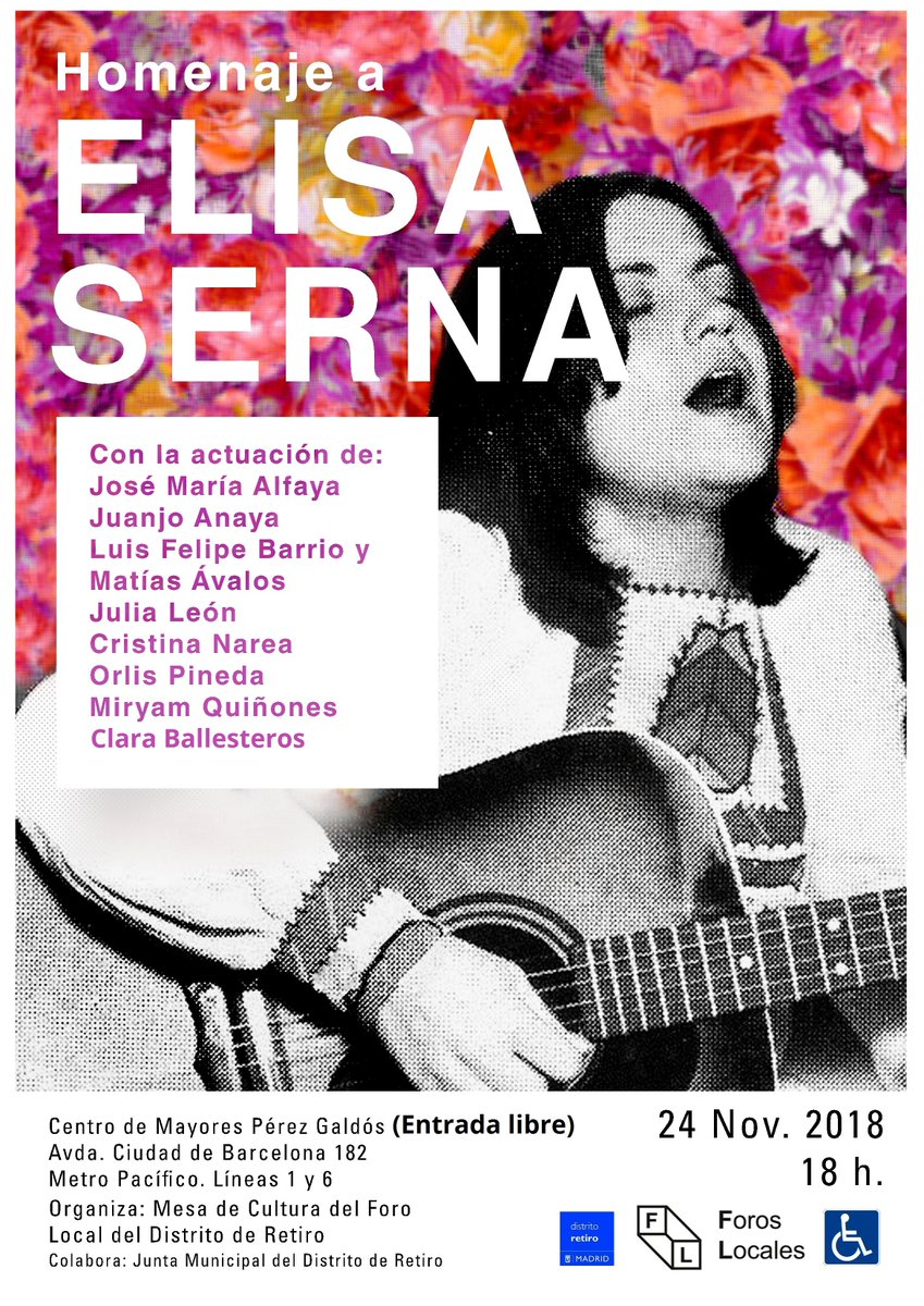 JMDretiro's tweet photo. 🎶🎶Este sábado, 18 h. la Mesa de Cultura de @ForosLocales #Retiro te invita al homenaje a #ElisaSerna, cantautora y poeta, símbolo de la canción social y protesta de los años 70, fallecida en septiembre pasado.

📍C  Mayores Pérez Galdós
Avda. Ciudad de Barcelona, 182. 
🕕 https://t.co/HgAywfsD8L