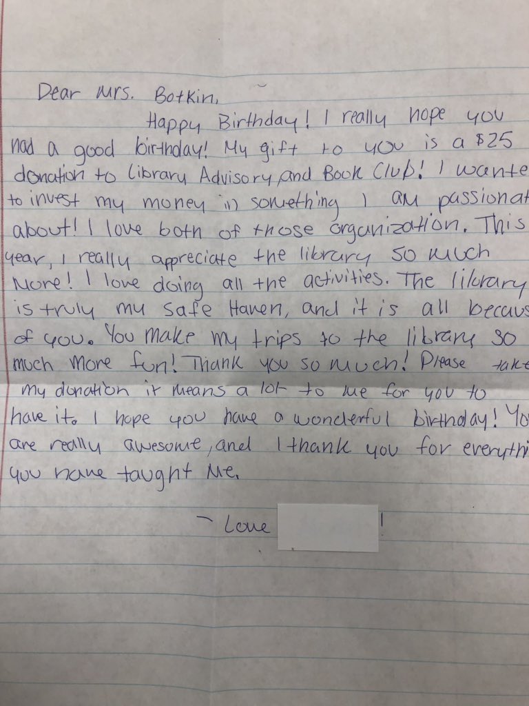 OFHSLibrary's tweet image. Let there be no doubt, libraries are relevant. Libraries make a difference!  I was so moved by this student’s caring &amp;amp; contribution that I had to share!  Luv my job, luv our students! She gave me so much more than she intended for my b-day!  #whatwedo ##ofpride #ofarmpride