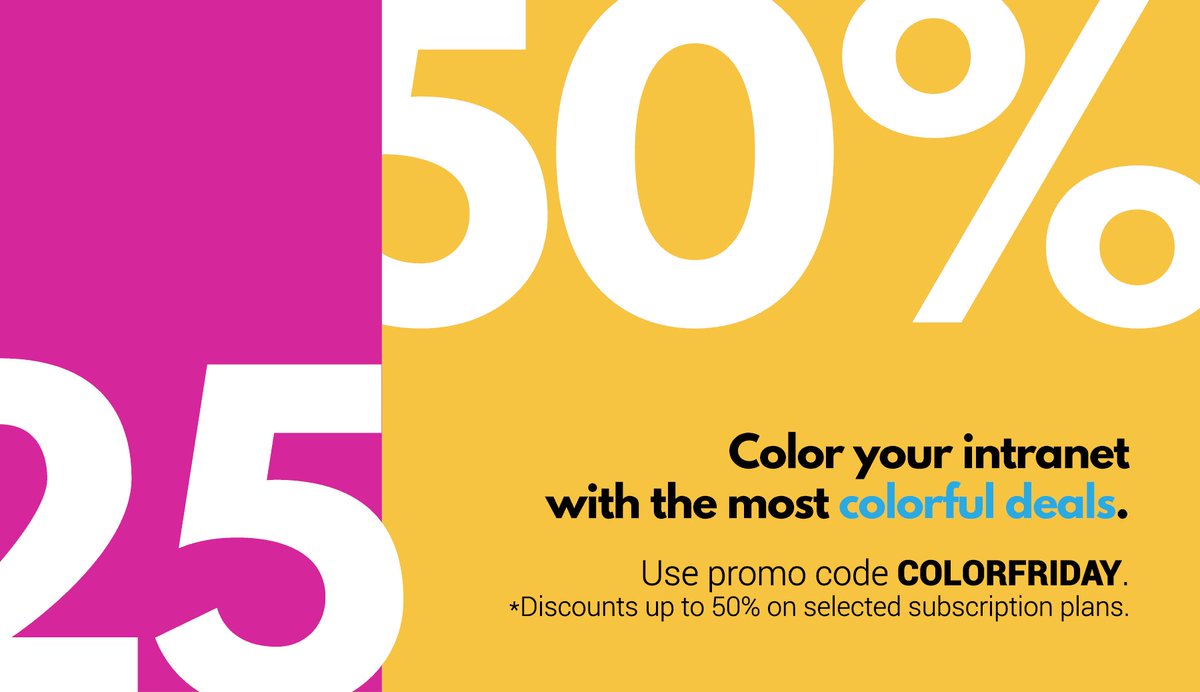 bindskins's tweet photo. Revamp your #intranet with the most colorful deals ever! Use promo code COLORFRIDAY and get up to 50% off on selected subscription plans๐ https://t.co/zTw9FJqFam. *Promo ends Nov 30. #BlackFriday #Office365Intranet #ColorYourIntranet https://t.co/De5cCUYWqj