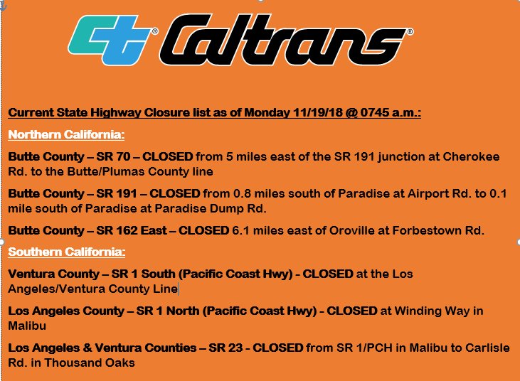 CaltransDist10's tweet image. UPDATE:WILDFIRE-RELATED STATE HIGHWAY CLOSURES
There are no significant new closures or changes at this time. There is rain forecast so make sure to check Caltrans Quickmap for the up-to-the-minute road information: quickmap.dot.ca.gov

#CampFire #WoolseyFire