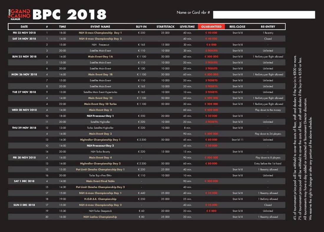 Deux festivals très interessants ce week-end :
- #TPS500 au Casino Barrière de Cannes
du 23/11 au 25/11 avec un Main Event à 500€
(100 000 jetons, rounds de 40/50min.)
- #BPC2018 au Casino de Namur
du 23/11 au 02/12 avec un Main Event à 1 100€
(50 000 jetons, rounds de 60min.)