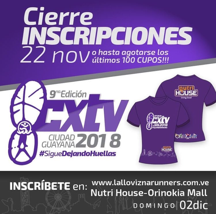 digitalrunner01's tweet image. ⚠️ATENCIÓN⚠️
Inscripciones cierran este jueves 22/11 o hasta agotarse los ÚLTIMOS 100 CUPOS!!
9na Edición del #CxTV2018 2/12/18 a beneficio de la "UE Colegio Iqbal Masih", inscríbete a través de nuestra web lalloviznarunners.com.ve o visita la tienda @nutrihouse en @orinokiamall