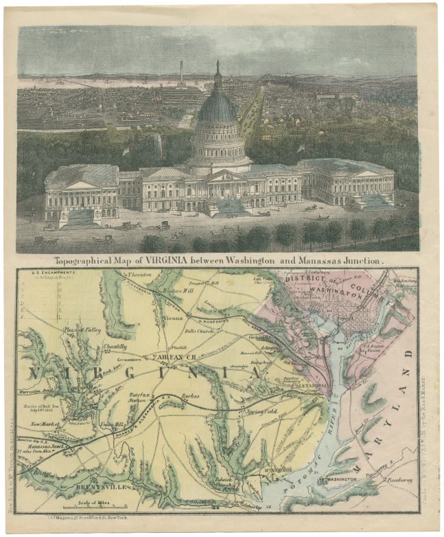 LibraryofVA's tweet photo. Sneak peek at this map before it is available in the catalog! Topographical Map of Virginia between Washington and Manassas Junction, 1861 by Charles Magnus. The maps shows Union and Confederate positions at the Battle of Bull Run and topographical features in NOVA #MapMonday https://t.co/it7G5YoRBI