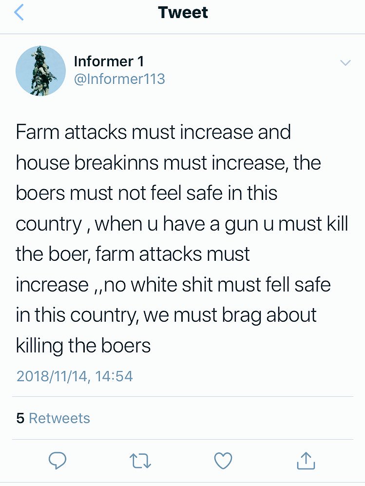 IanCameron23's tweet photo. My oh my, imagine if this was said about another race in #SouthAfrica, there would be a parliamentry task team appointed to investigate the matter. Tragic that people would say something like this. #Racism #FarmAttacks #FarmMurders https://t.co/apV2A17cst