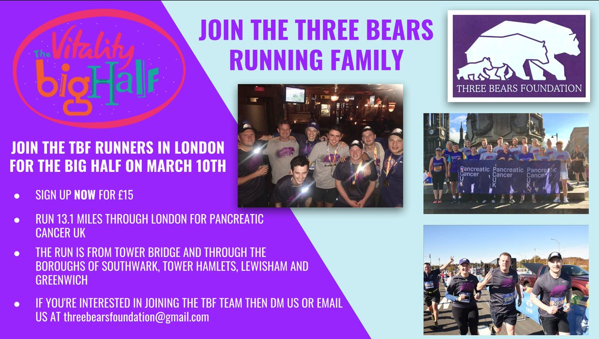 *** CALLING ALL LONDONERS ***

Come and run the Big Half is on the 10th March with TBF. 

Sign up NOW for for £15. 

Challenge yourself and help us raise awareness for Pancreatic cancer research. 

DM us if you’re interested 

🐻🐻🐻

#ForJane