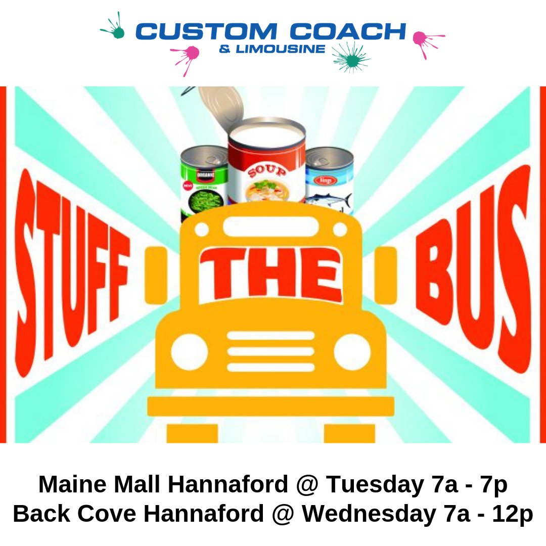 Custom_Coach's tweet photo. Itβs time to Stuff the Bus for Preble Street! School children in the Greater Portland area have been collecting non-perishable food items for the 13th Annual Stuff the Bus Food Drive. You can join in the fun!
#customcoach #stuffthebus #fooddrive #maine @PrebleStreet @Rewind_1009 https://t.co/8GrCcL3S73