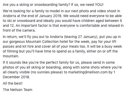 neilsonholidays's tweet image. Are you a skiing or snowboarding family? If so, we need YOU!
 
We’re looking for a family to model in our next @neilsonholidays photo and video shoot in Andorra at the end of January 2019... More details can be found in the image attached.

#neilsonholidays #relaxashardasyoulike