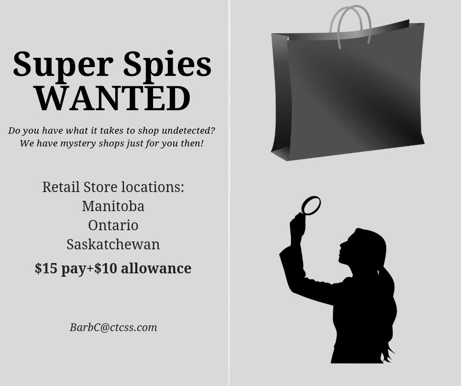 shops4ctcss's tweet image. Calling all super spies!  We have retail shops in Manitoba, Ontario, and Saskatchewan.  Visit wp.me/p6gbQI-9g  to grab your shop that pays $15 plus a $10 purchase allowance! #mysteryshopping #superspies #sidehustle #christmascash #freelance #WAHM