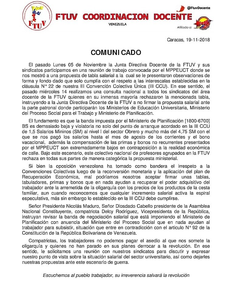 FtuvDocente's tweet photo. @ViceEconomia Comunicado de la @FtuvDocente con relación a la propuesta salarial del @Mppeuct para el sector  universitario.
.@NicolasMaduro
@cbolivariana .@EduardoPinateS @hugbelpsuv @rmenendezp .@DrodriguezVen @dcabellor @DPresidencia @JauaMiranda .@psuvaristobulo @TELEMACOFIGUE @torrealbaf https://t.co/xF14MOnea1