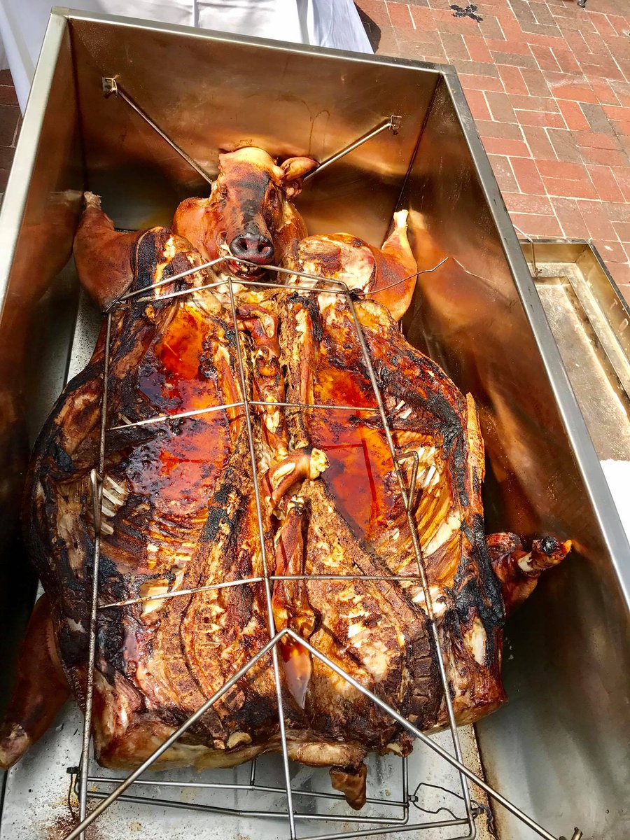 Hamthropology's tweet photo. #Football, holiday party, #SuperBowl or “just because” our #HotBox cooks the perfect pig in about 6 hours. Hot Box rental includes: whole Ossabaw Island Roaster Pig, Hot Box, accessories, Kingsford Charcoal + instructions for the best damn pig ever! #ATLSB53 #bbq #pasturedpork https://t.co/FECjdZosGS