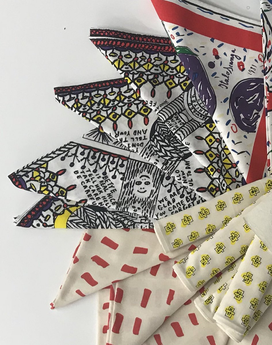 fabricworkshop's tweet photo. Looking for last minute table settings? The FWM Shop has beautiful napkins w designs by artists such as Richard Tuttle, Jun Kaneko, Italo Scanga & Howard Finster. They also make outstanding hostess gifts! Open today thru Weds, noon-6 PM, closed Thurs. #FWMShop #Thanksgiving https://t.co/Z0Btav18Y6
