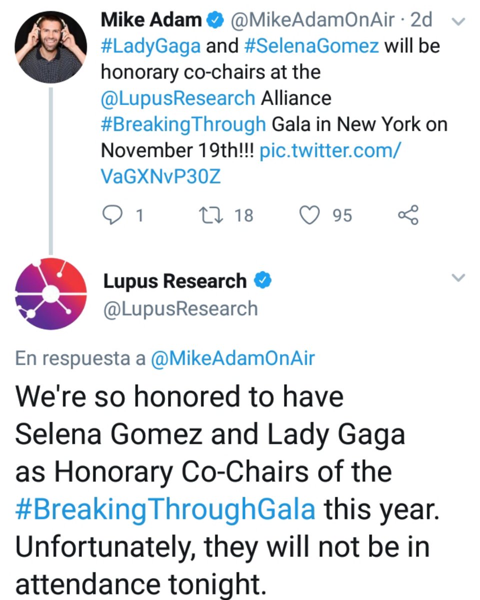 Nos sentimos muy honrados de tener a Selena Gomez y Lady Gaga como copresidentas honorarias del #BreakingThroughGala este año. Desafortunadamente, no estarán presentes esta noche. | Lupus Research vía Twitter