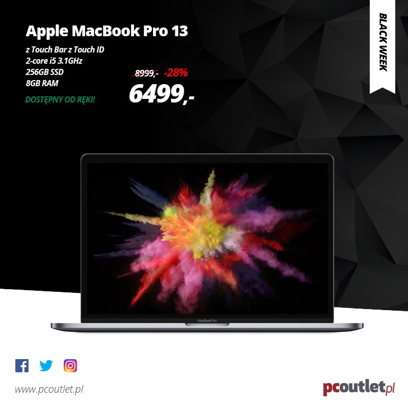 pcoutletpl's tweet photo. Rozpoczeliśmy #BlackWeek 😎
#1 MacBook Pro z Touch Bar i5 8GB 256GB SSD w cenie obniżonej o 28% do 6499zł 🔥🔥🔥
sprawdź 👉https://t.co/Nau2KxWl1Y
@CebulaDeal #macbookpro #apple #BlackFridayWeek #BlackFriday #pcoutlet
Dowiesz się więcej 👇
☎️ 723 00 11 44 📧 pcoutlet@pcoutlet.pl https://t.co/pXsyl3DaoK