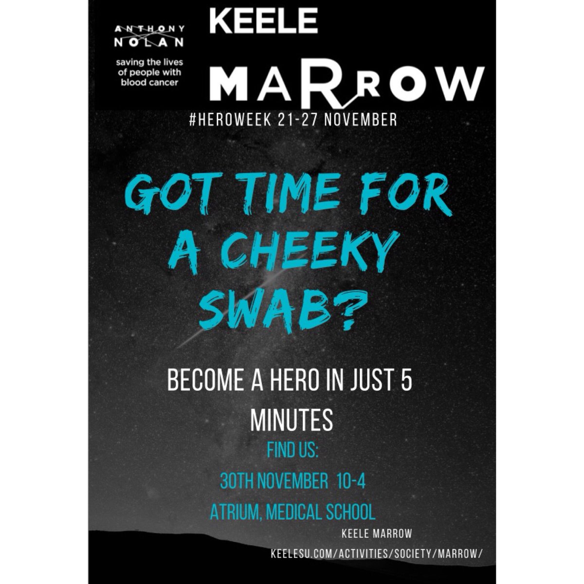 KeeleMarrow's tweet photo. Hi All! Come and join us at the Su on the 27th of November or  at the Med School on the 30th of November to donate or join us to have a ‘cheeky’ chat about what we do! 😊 #anthonynolan #heroweek @ukmarrow https://t.co/nXqDKzu4iO