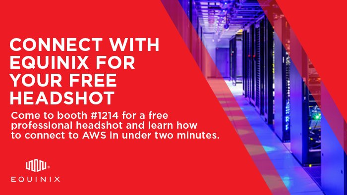 Equinix's tweet photo. Attending #reInvent next week? Come by booth 1214 to learn how using #AWS Direct Connect and @Equinix speeds up your connection to the #cloud. Get a free professional headshot while you're there too! https://t.co/A0z1FPr9Uh