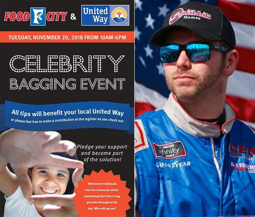 !! Tuesday, Nov. 20, 2018 !!
!! 12pm - 1pm ET !!
Meet Chad and have him bag your groceries at @FoodCity store 605 at 1205 N. Eastman Road, Kingsport, TN! Great cause to benefit @UnitedWay! // PR #TeamFinchum