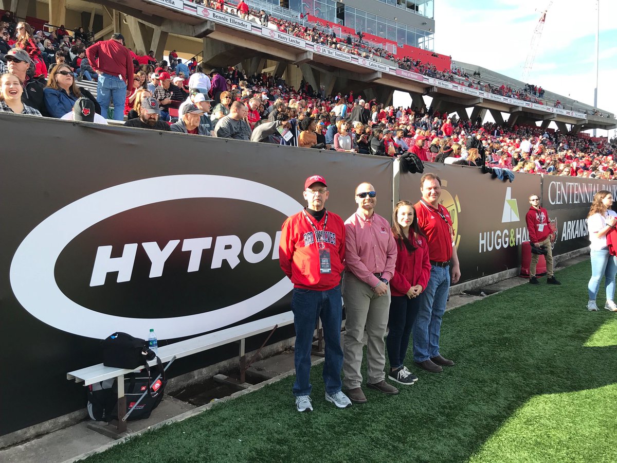 hytrol's tweet photo. We were tailgating and on the field over the weekend as the A-State Red Wolves got a big win. Thanks to all those who came out! #WolvesUp #HytrolHowls https://t.co/hdJ93JQ45a