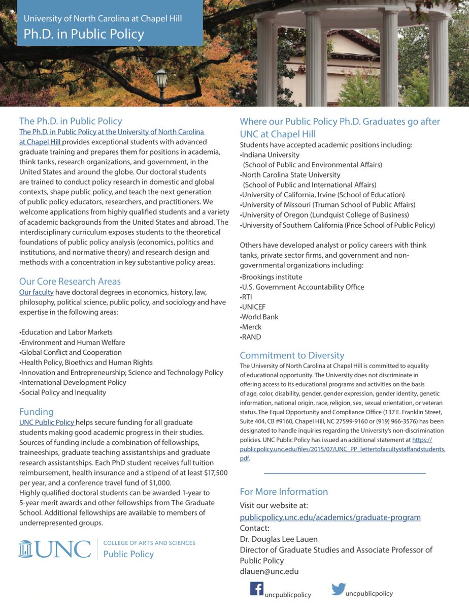 Do you know talented undergrads or post grads who are interested in PhD programs in public policy? Please urge them to consider #UNCPublicPolicy Our deadline is Dec. 11. Thanks for sharing!